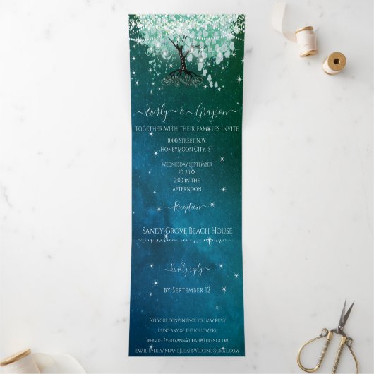 Mint Green Aqua Zee Blue Heart Leaf Tree Wedding Drieluik Uitnodiging (Binnen)