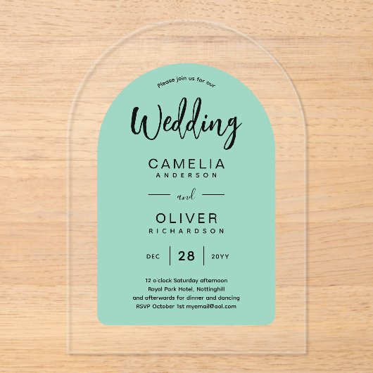 Mint Green Arch Acryl Wedding nodigt uit tot moder Acryl Uitnodigingen (Voorkant)