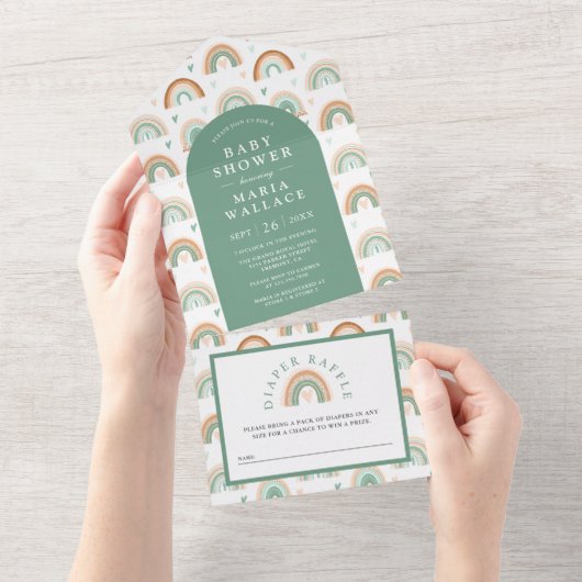 Mint Green Arch Boho Rainbow Baby shower All In One Uitnodiging (Afscheurbaar)