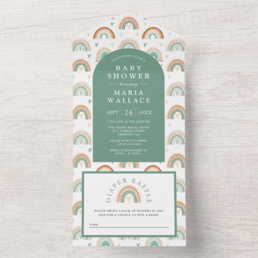 Mint Green Arch Boho Rainbow Baby shower All In One Uitnodiging (Binnen)