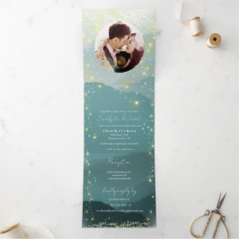 Mint Green Ash Mountain Hillside Wedding Drieluik Uitnodiging