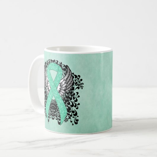 Mint Green Awareness Ribbon met Wings Koffiemok (Voorkant links)