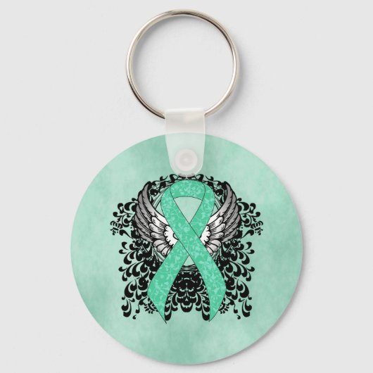 Mint Green Awareness Ribbon met Wings Sleutelhanger (Voorkant)