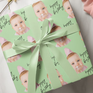 Mint Green Baby Face Verjaardag   Aangepaste foto Cadeaupapier