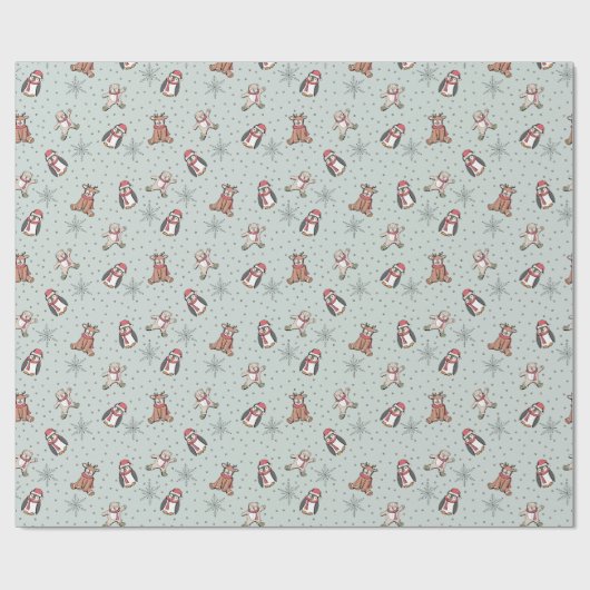 Mint Green Babys Eerste Kerstwinter Dieren Cadeaupapier (Vlak)