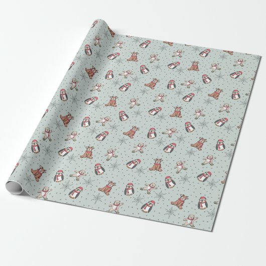Mint Green Babys Eerste Kerstwinter Dieren Cadeaupapier (Uitgerold)