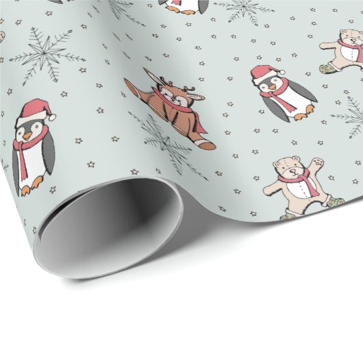 Mint Green Babys Eerste Kerstwinter Dieren Cadeaupapier (Rol Hoek)