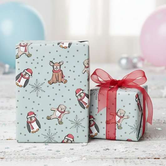 Mint Green Babys Eerste Kerstwinter Dieren Cadeaupapier