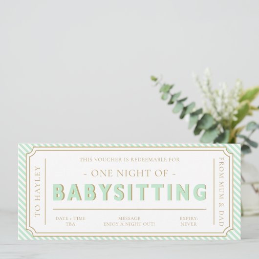 Mint Green Babysitting Cadeaubon Kaart (Staand voorkant)