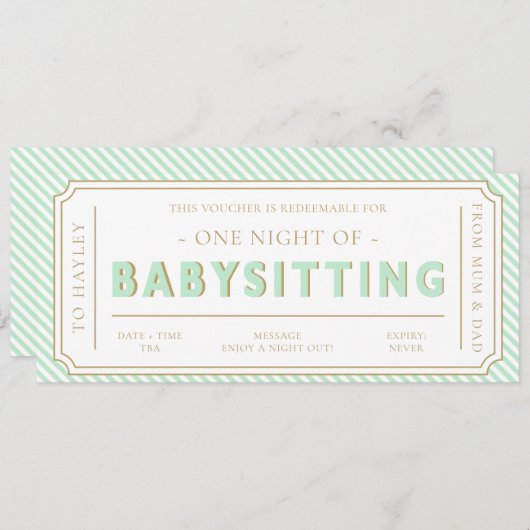 Mint Green Babysitting Cadeaubon Kaart (Voorkant / Achterkant)