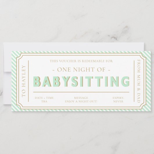 Mint Green Babysitting Cadeaubon Kaart (Voorkant)