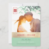 Mint Green Bamboo Leaves Zen Asian Weduwfoto Save The Date (Voorkant)
