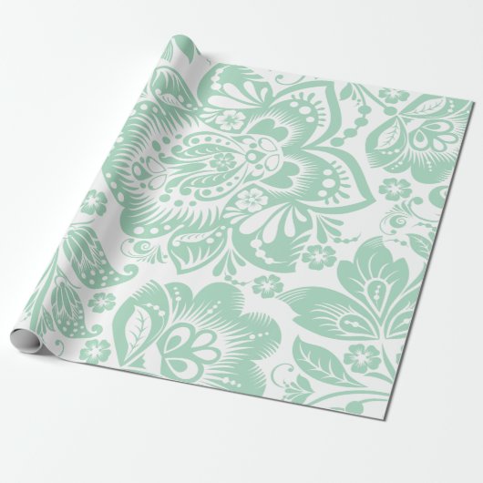 Mint Green Baroque Floral Damascus on White No. 2 Cadeaupapier (Uitgerold)