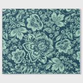 Mint Green Baroque Floral Damascus op blauw Cadeaupapier (Vlak)