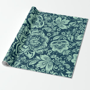 Mint Green Baroque Floral Damascus op blauw Cadeaupapier