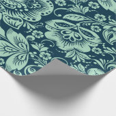 Mint Green Baroque Floral Damascus op blauw Cadeaupapier (Hoek)