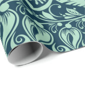 Mint Green Baroque Floral Damascus op blauw Cadeaupapier (Rol Hoek)