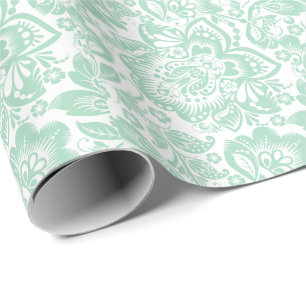 Mint Green Baroque Floral Damascus op White Cadeaupapier