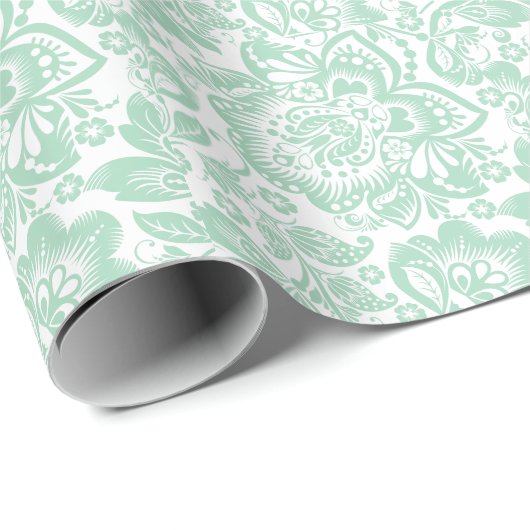 Mint Green Baroque Floral Damascus op White Cadeaupapier (Rol Hoek)