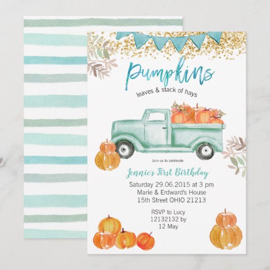 Mint Green Birthday Blue Pumpkin Truck Birthday Kaart (Voorkant / Achterkant)