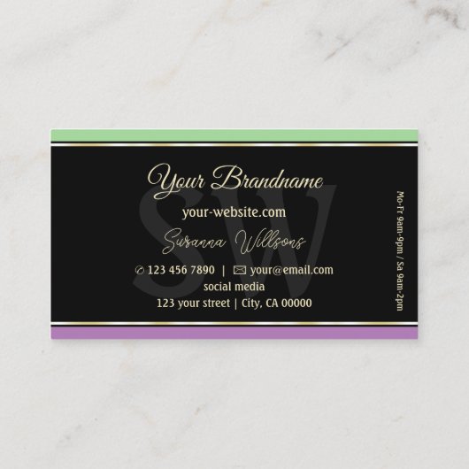 Mint Green Black Lavender Stripes met monogram Visitekaartje (Achterkant)