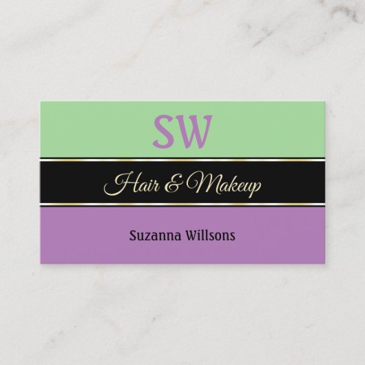 Mint Green Black Lavender Stripes met monogram Visitekaartje (Voorkant)