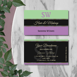 Mint Green Black Lavender Stripes met monogram Visitekaartje