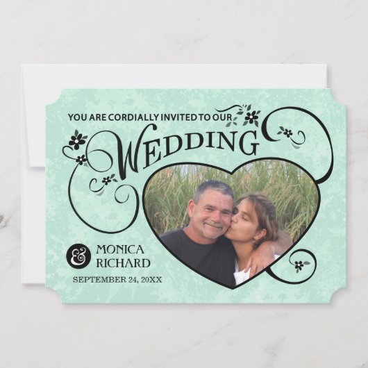 Mint Green & Black Photo Heart Wedding Invite Kaart (Voorkant)