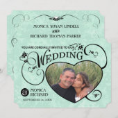 Mint Green & Black Photo Heart Wedding Invite Kaart (Voorkant / Achterkant)