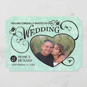 Mint Green & Black Photo Heart Wedding Invite Kaart
