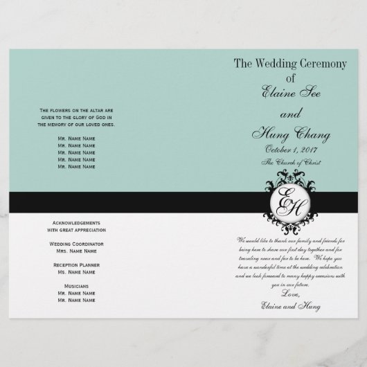 Mint Green Black Wedding Program Chic Monogramed (Voorkant)