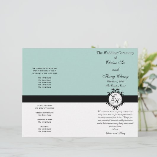 Mint Green Black Wedding Program Chic Monogramed (Staand voorkant)