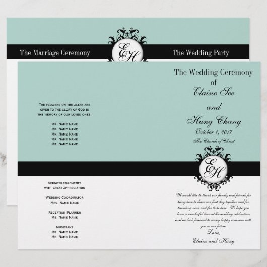 Mint Green Black Wedding Program Chic Monogramed (Voorkant / Achterkant)