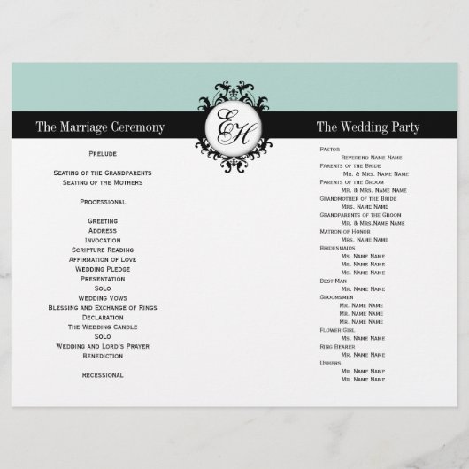 Mint Green Black Wedding Program Chic Monogramed (Achterkant)