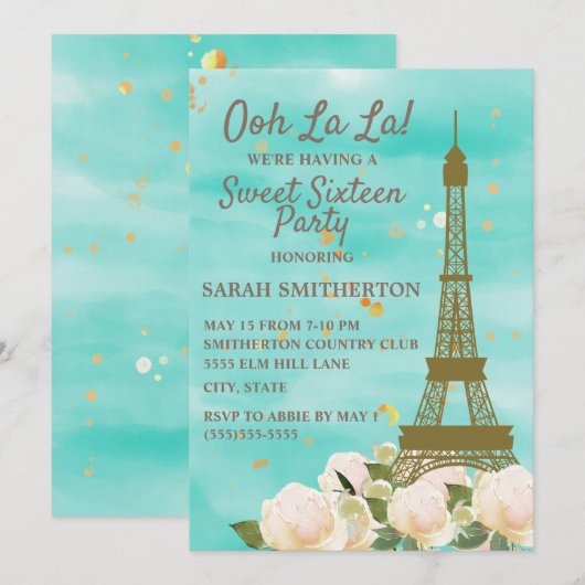 Mint Green Blauwgroen Blue Gold Eiffel Tower Sweet Kaart (Voorkant / Achterkant)