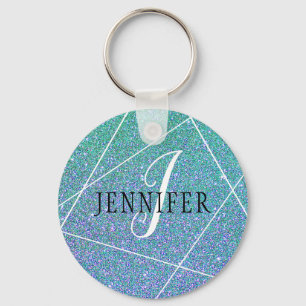 Mint Green Blue Faux Glitter Sparkles Monogram Sleutelhanger