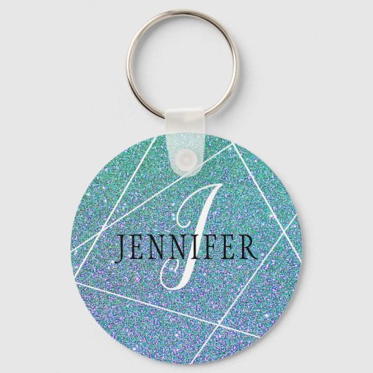 Mint Green Blue Faux Glitter Sparkles Monogram Sleutelhanger (Voorkant)