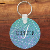 Mint Green Blue Faux Glitter Sparkles Monogram Sleutelhanger (Voorkant)