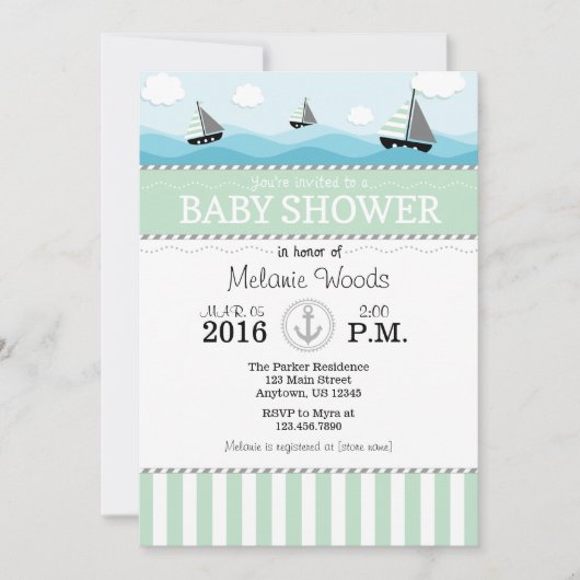 Mint Green Blue Nautical Baby shower Invitation Kaart (Voorkant)