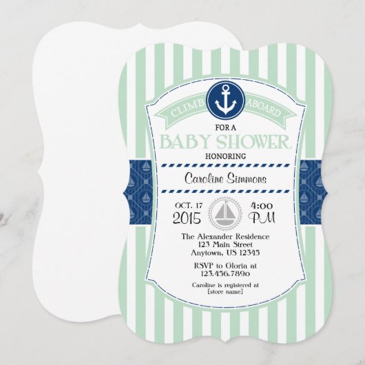 Mint Green Blue Nautical Baby shower Invitation Kaart (Voorkant / Achterkant)