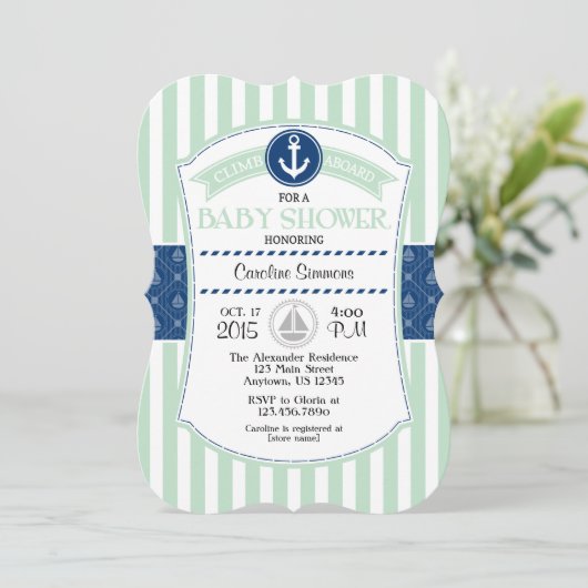 Mint Green Blue Nautical Baby shower Invitation Kaart (Staand voorkant)