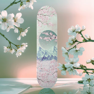 Mint Green Blue Pink Cherry Blossom Moon Mountain Persoonlijk Skateboard