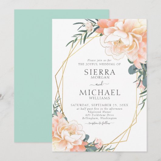 Mint Green Blush Gold Peach Cream Floral Wedding Kaart (Voorkant / Achterkant)