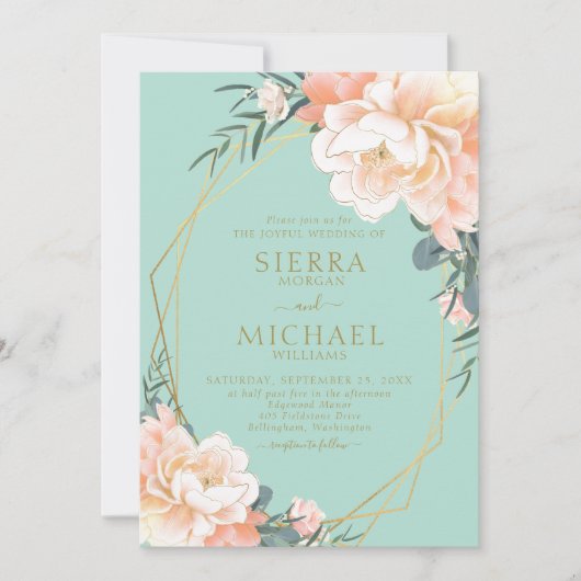 Mint Green Blush Peach Cream Gold Floral Weddensch Kaart (Voorkant)
