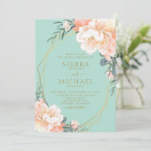 Mint Green Blush Peach Cream Gold Floral Weddensch Kaart (Staand voorkant)