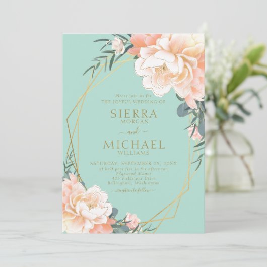 Mint Green Blush Peach Cream Gold Floral Weddensch Kaart (Staand voorkant)