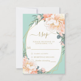 Mint Green Blush Peach Cream Gold Floral Weddensch RSVP Kaartje