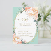 Mint Green Blush Peach Cream Gold Floral Weddensch RSVP Kaartje (Staand voorkant)
