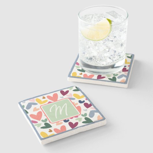 Mint Green Blush Pink Blue Heart Art Pattern Stenen Onderzetter (Zijkant)