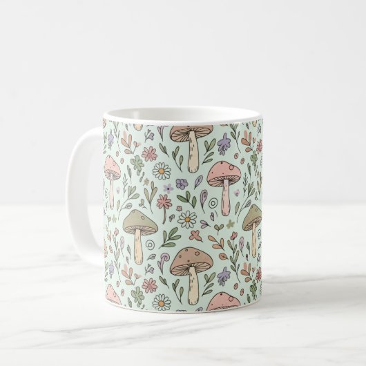Mint Green Botanical Fungi Seamless Pattern Koffiemok (Voorkant links)